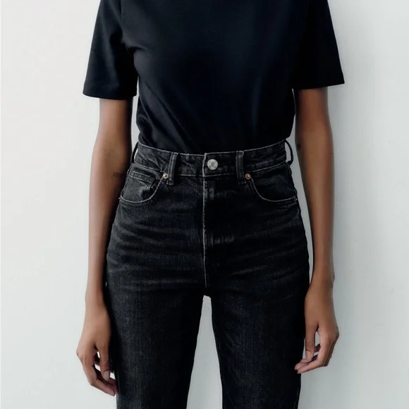 Zara Mom Fit Jeans Straight Leg Ripped Black - Picture 5 of 12